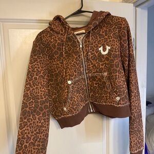 Brown true religion Leopard Print Zip-Up Hoodie